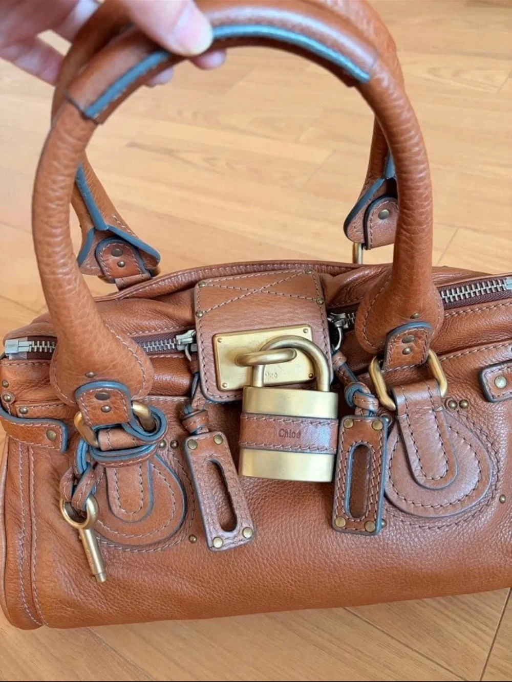 Chloe Tan Brown Leather Satchel with Signature Padlock